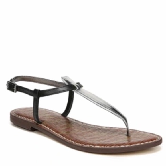 Sam Edelman Gigi Black Silver Leather T-Strap Thong Sandals Womens Size 8 Boho - Picture 1 of 9